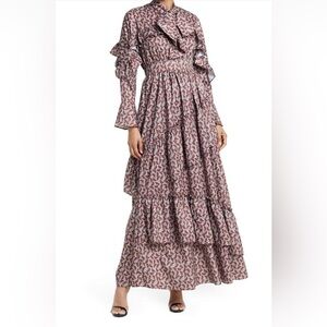 TOV Noir Blue Yellow Floral Ruffle Tiered Maxi Long Sleeve Modest Dress Size S